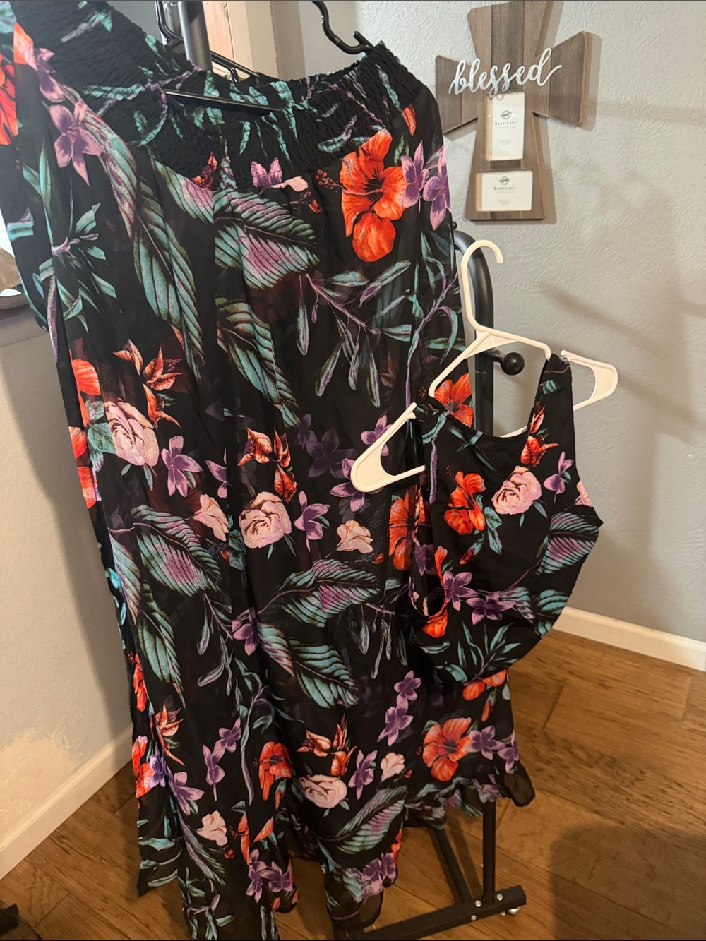 Self Esteem Black Floral Maxi Skirt Set with Pink, Orange & Purple Blooms